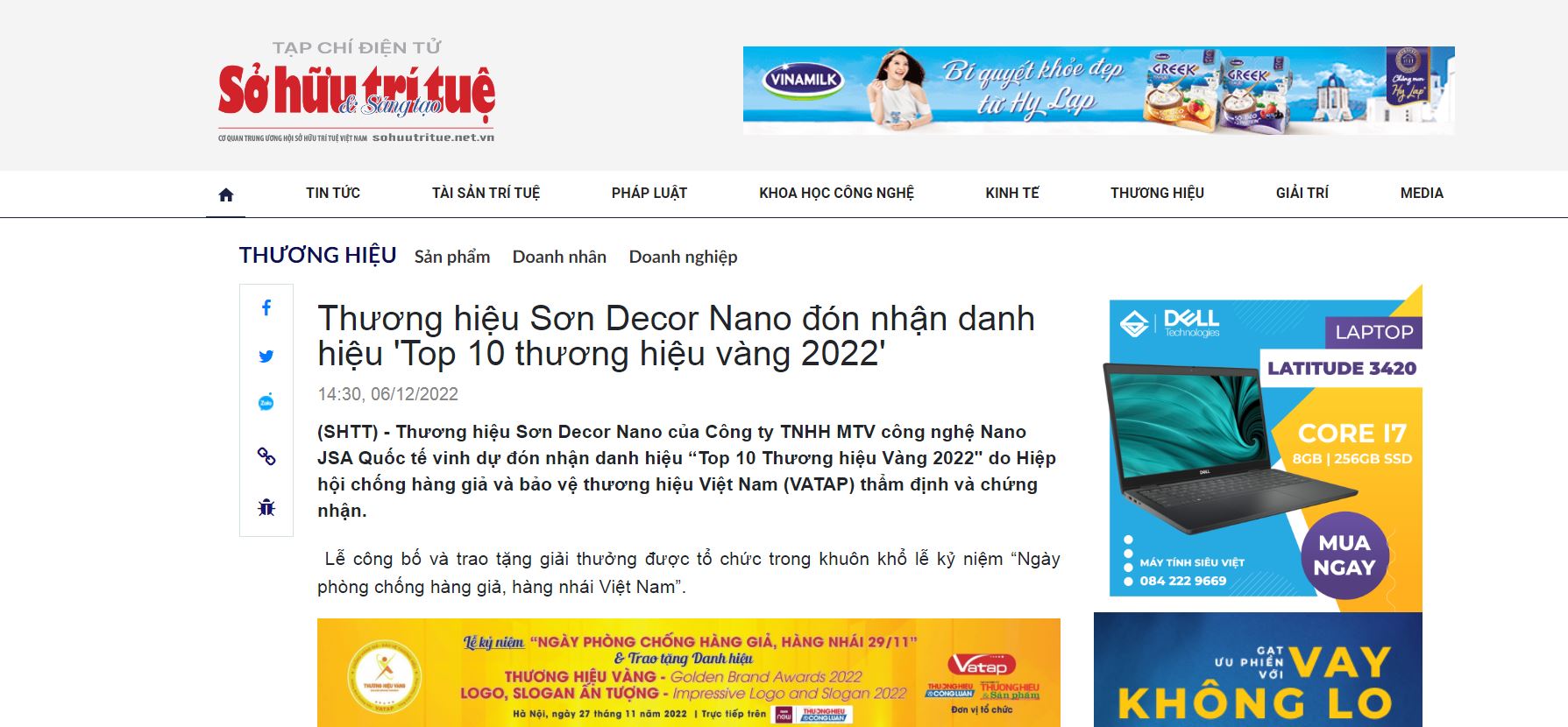 Tạp chí SỞ HỮU TRÍ TUỆ & SÁNG TẠO thông tin về sự kiện Sơn Decor Nano đón nhận danh hiệu “Top 10 thương hiệu vàng 2022”
