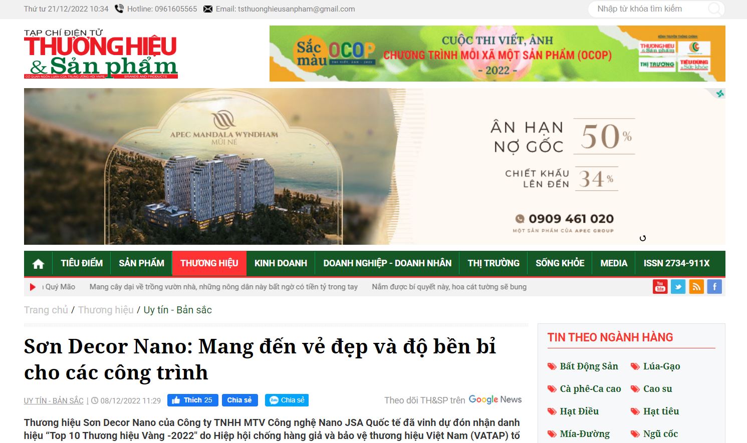 Tạp chí THƯƠNG HIỆU & CÔNG LUẬN đăng tin “Sơn Decor Nano: Thương hiệu tạo uy tín”